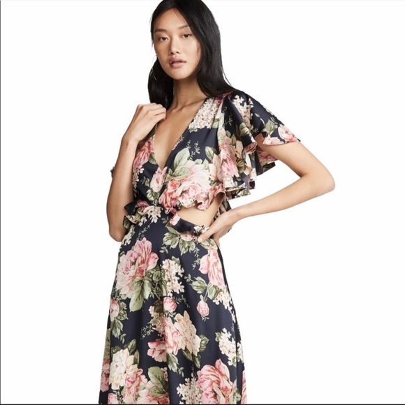 Divine Heritage Floral Cutout V Neck Tie Keyhole Back Flutter Sleeve Midi Dress - Picture 10 of 16